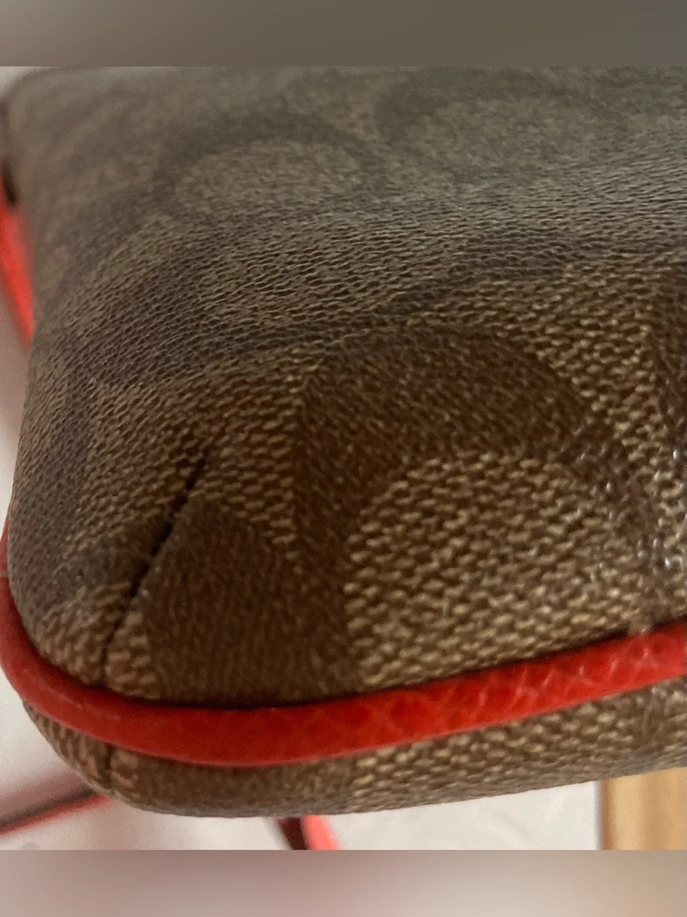 Coach Signature Khaki/Brown Crossbody with orange Trim.Coated Canvas like NEW